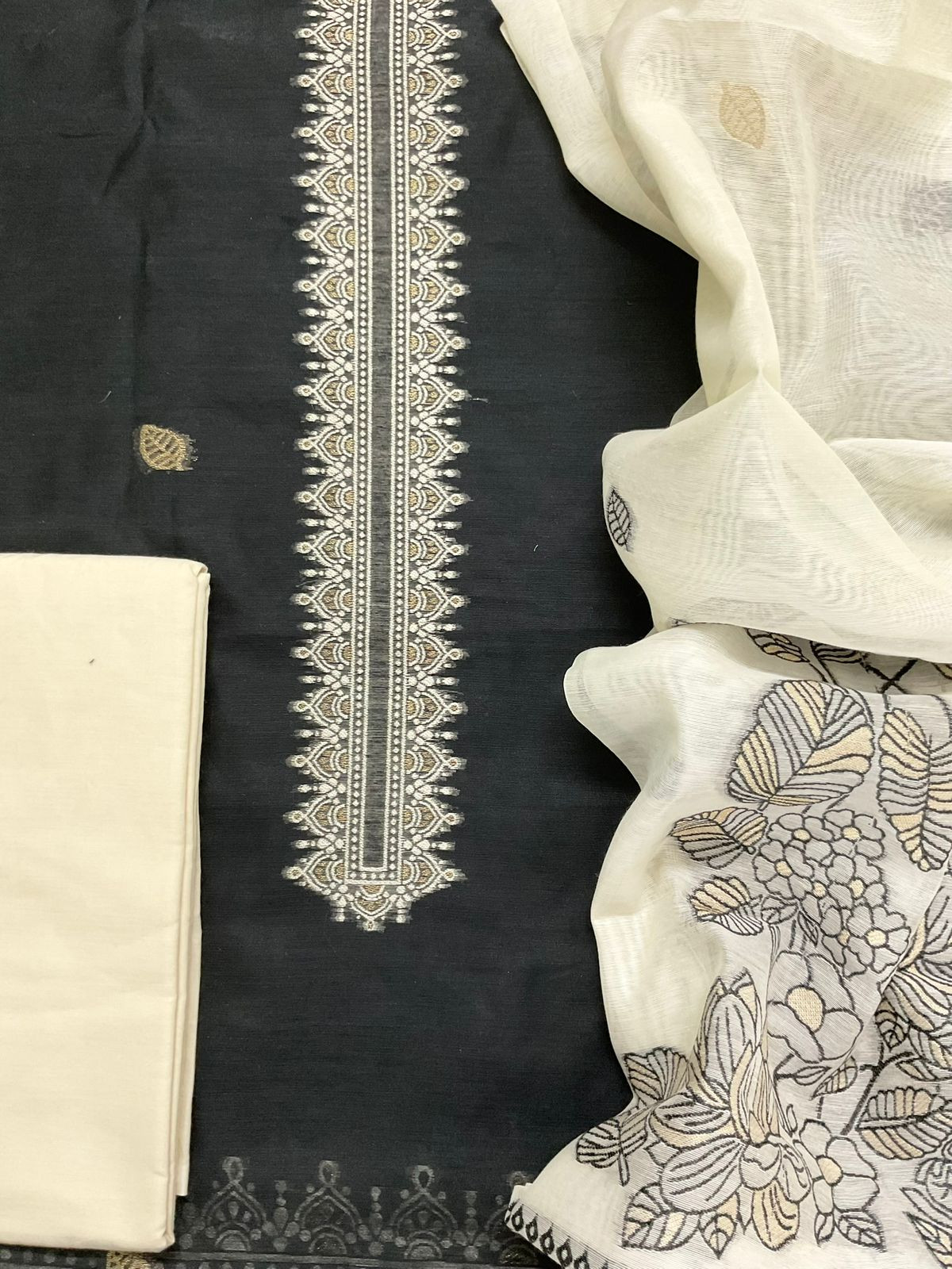 Soft Fine Slub Chanderi Jamdani Weaved Suit - Black