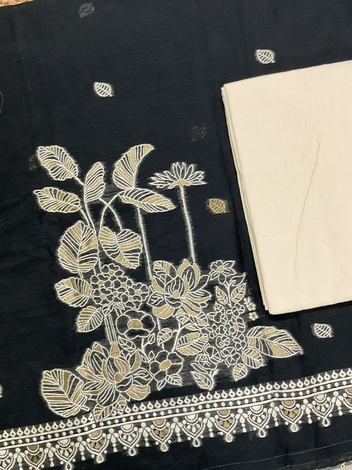 Soft Fine Slub Chanderi Jamdani Weaved Suit - Black