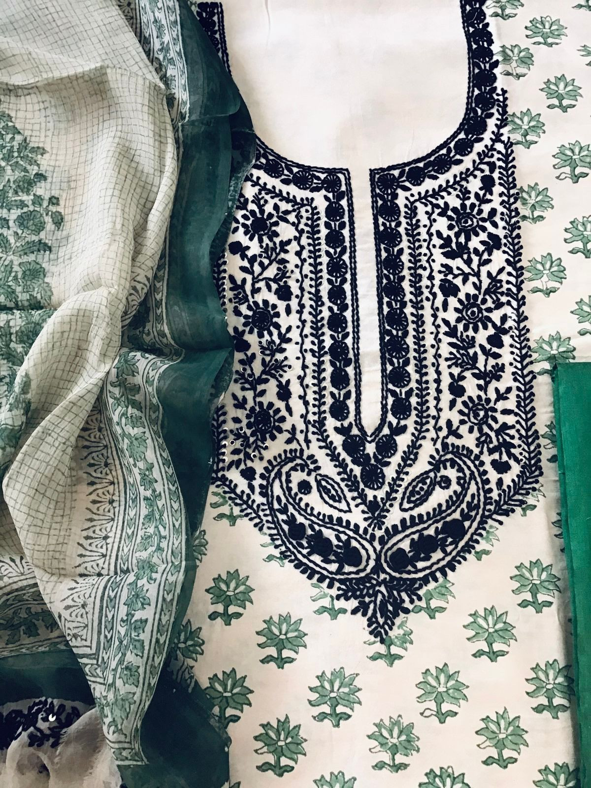 Pure Fine Cotton Silk Block Printed Embroidered Suit - Offwhite