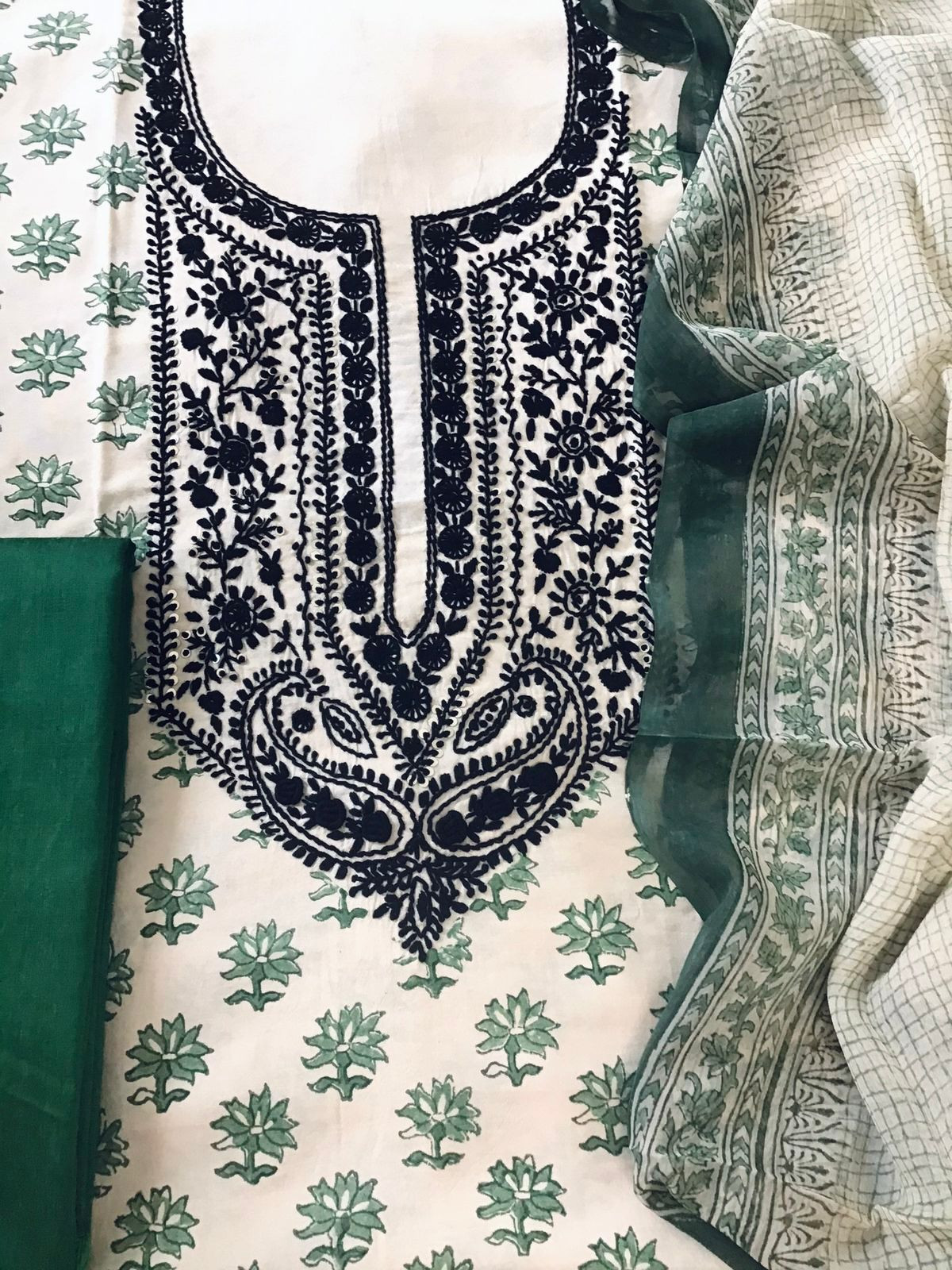 Pure Fine Cotton Silk Block Printed Embroidered Suit - Offwhite