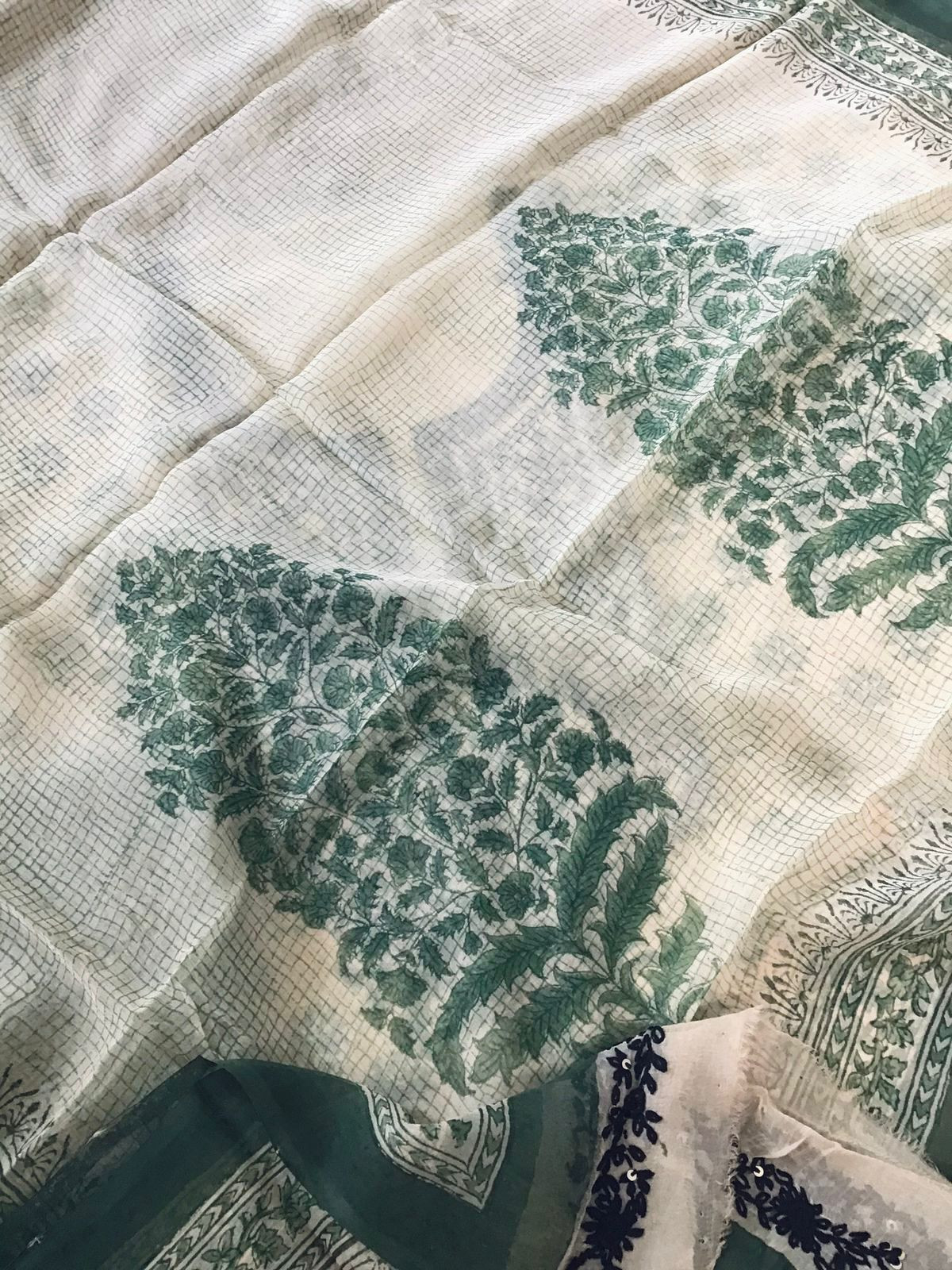 Pure Fine Cotton Silk Block Printed Embroidered Suit - Offwhite