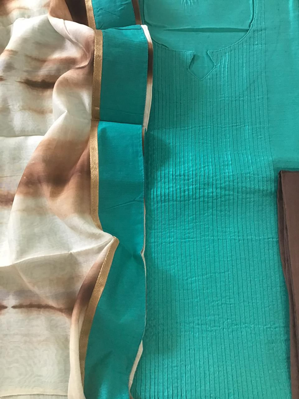 Pure Cotton Silk Printed Embroidered Suit - Blue