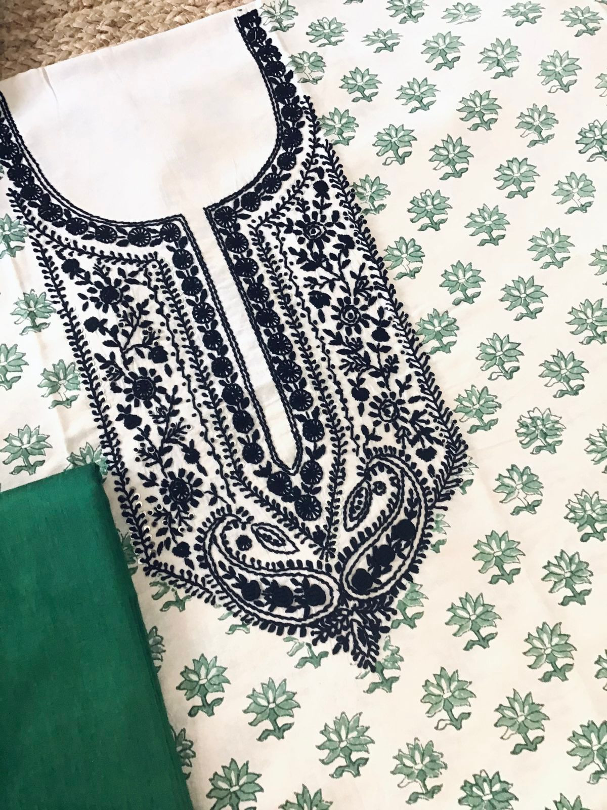 Pure Fine Cotton Silk Block Printed Embroidered Suit - Offwhite