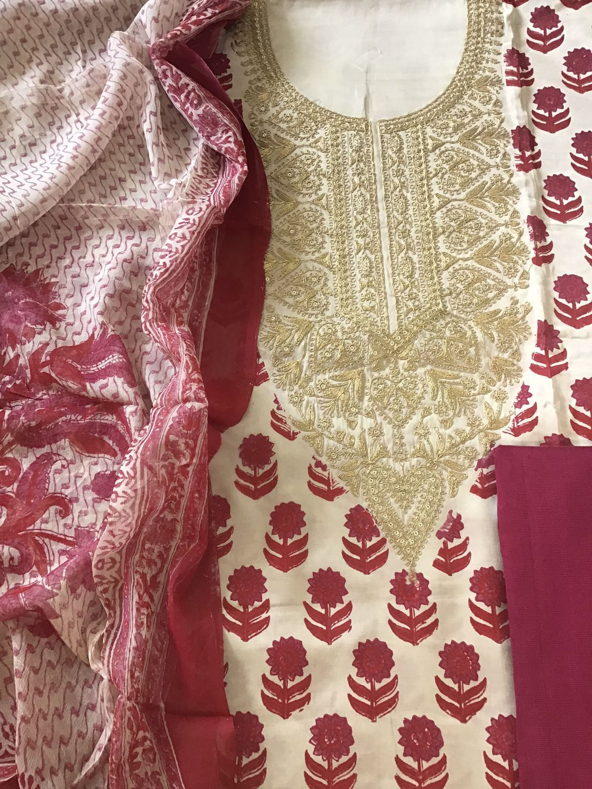 Pure Gajji Silk Block Printed Embroidered Suit - Beige