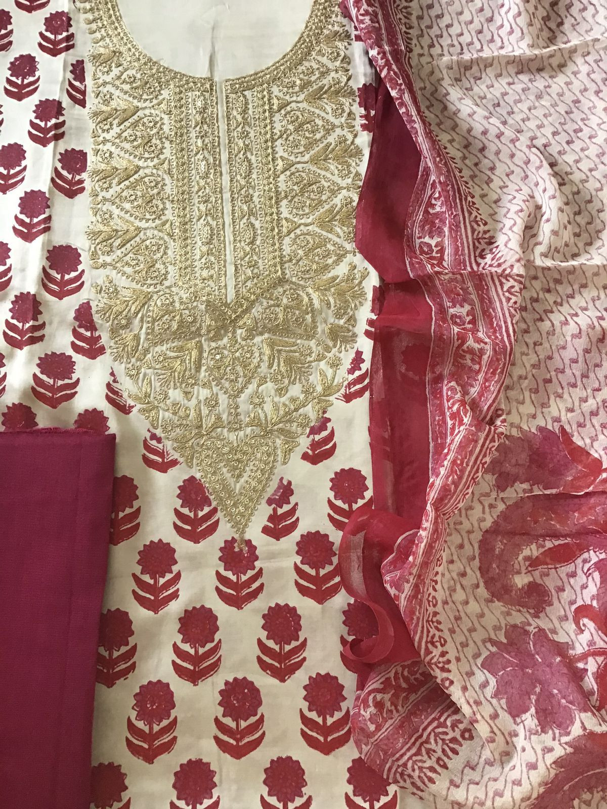 Pure Gajji Silk Block Printed Embroidered Suit - Beige