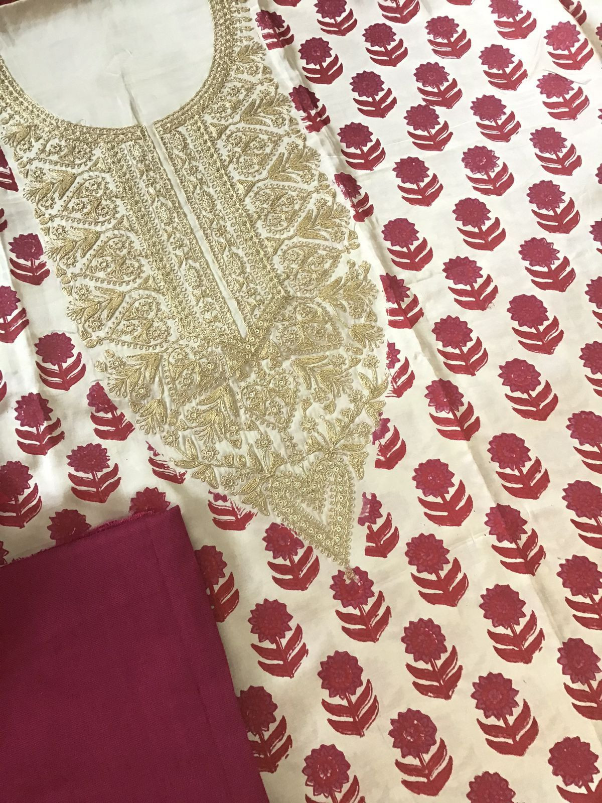 Pure Gajji Silk Block Printed Embroidered Suit - Beige