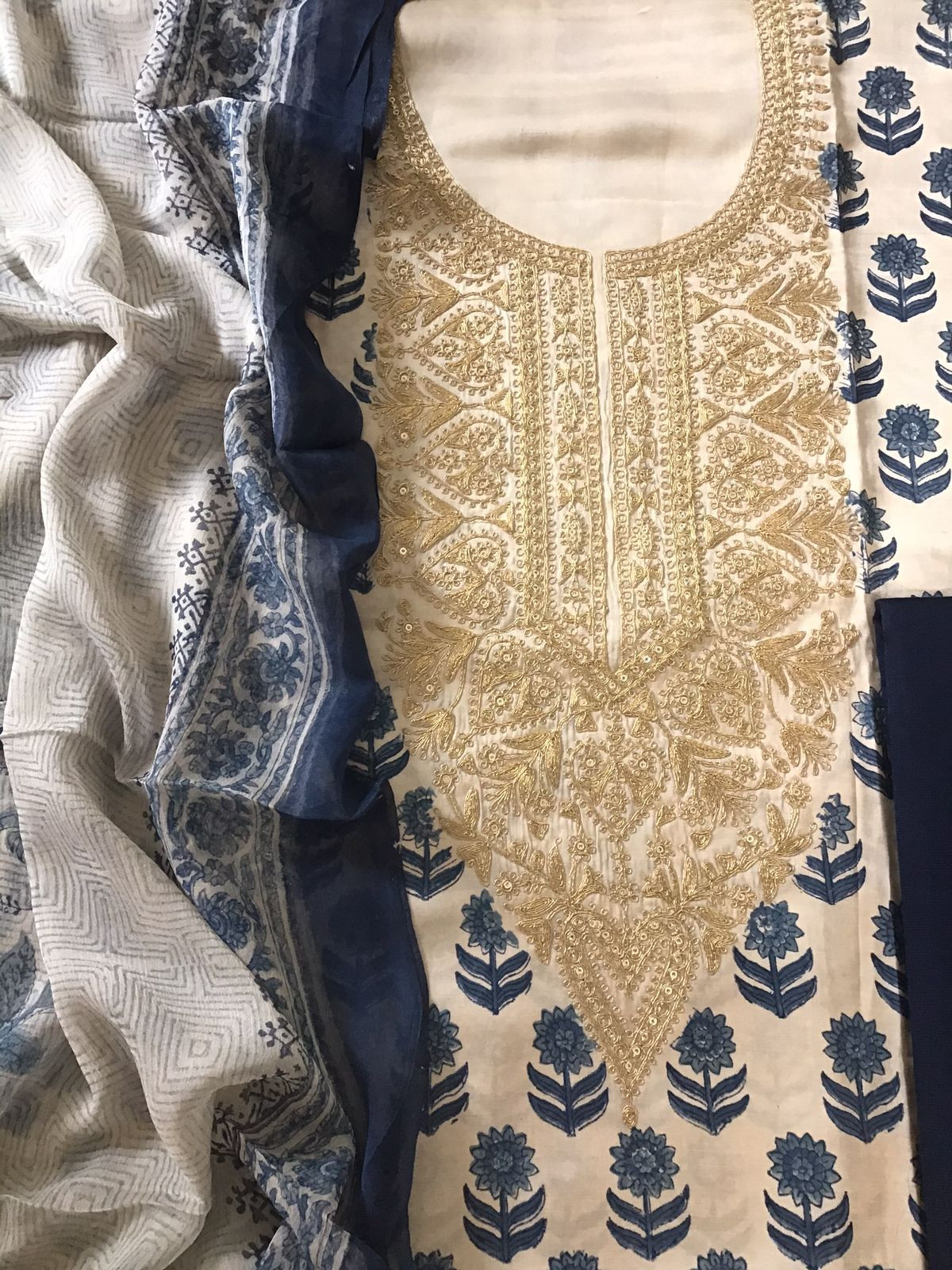 Pure Gajji Silk Block Printed Embroidered Suit - Beige
