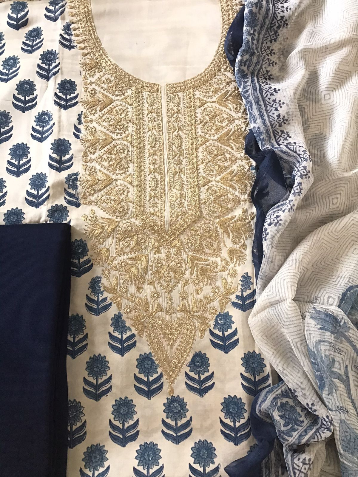 Pure Gajji Silk Block Printed Embroidered Suit - Beige