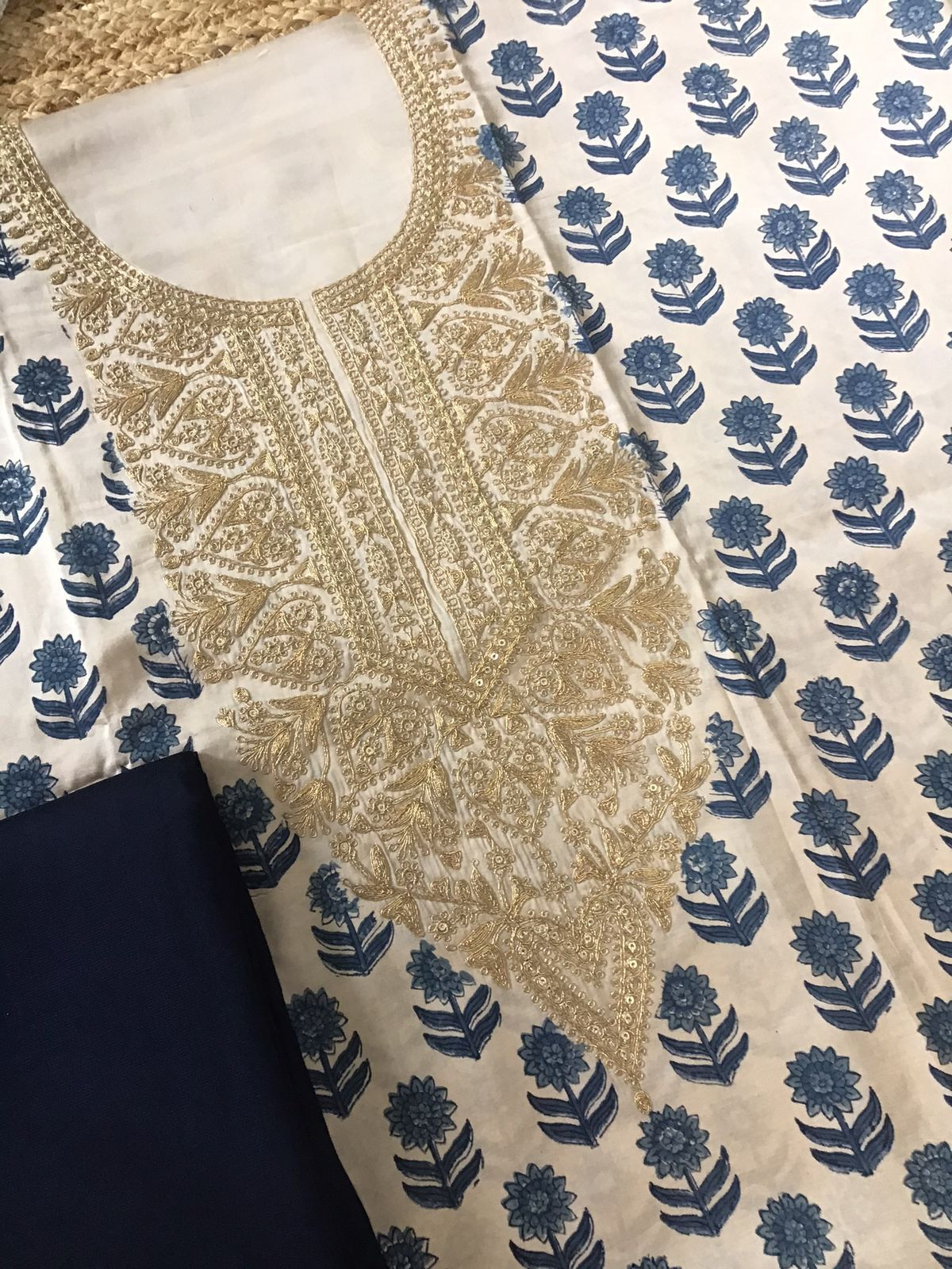 Pure Gajji Silk Block Printed Embroidered Suit - Beige