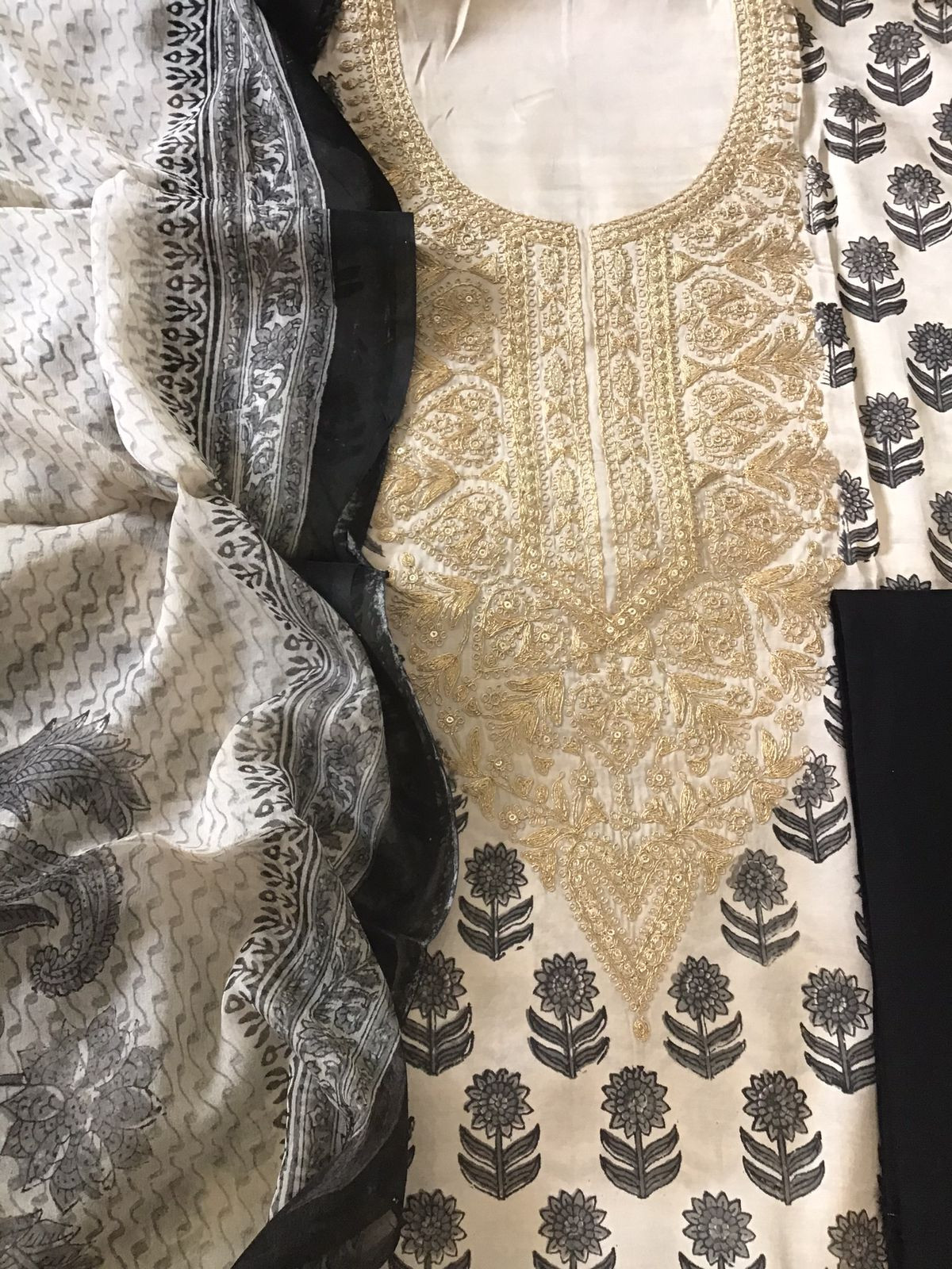 Pure Gajji Silk Block Printed Embroidered Suit - Beige