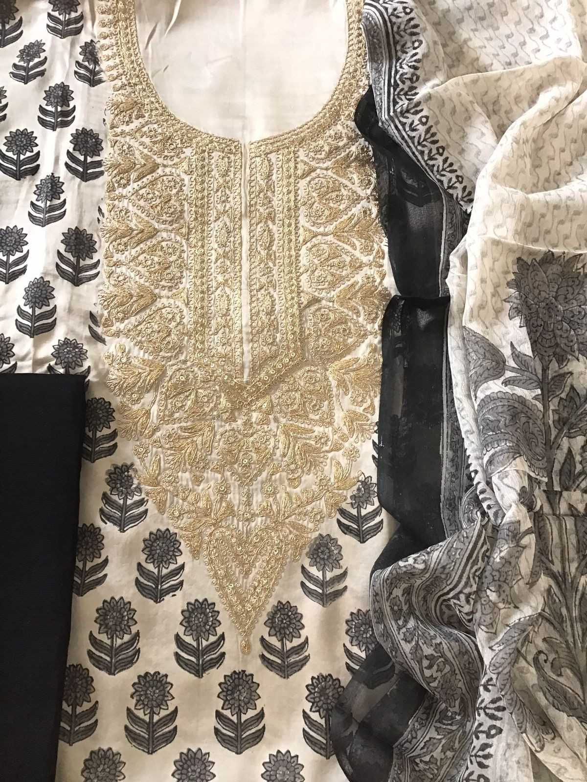 Pure Gajji Silk Block Printed Embroidered Suit - Beige