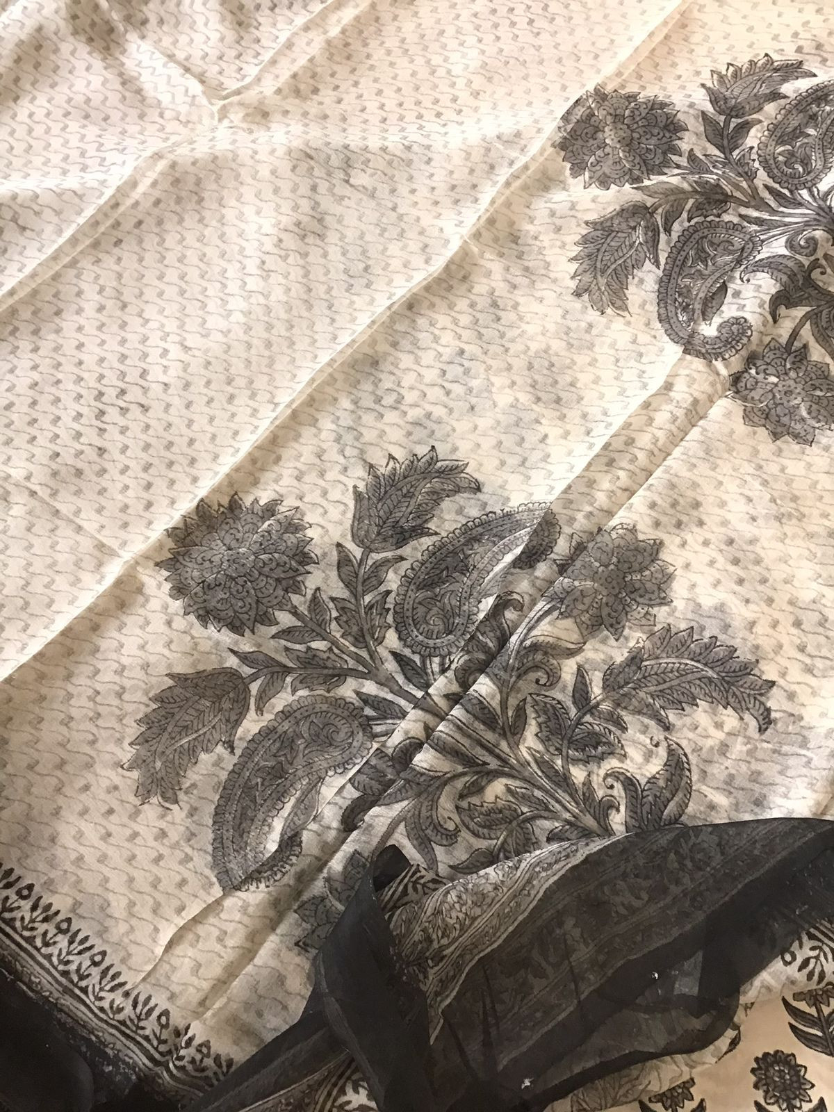 Pure Gajji Silk Block Printed Embroidered Suit - Beige