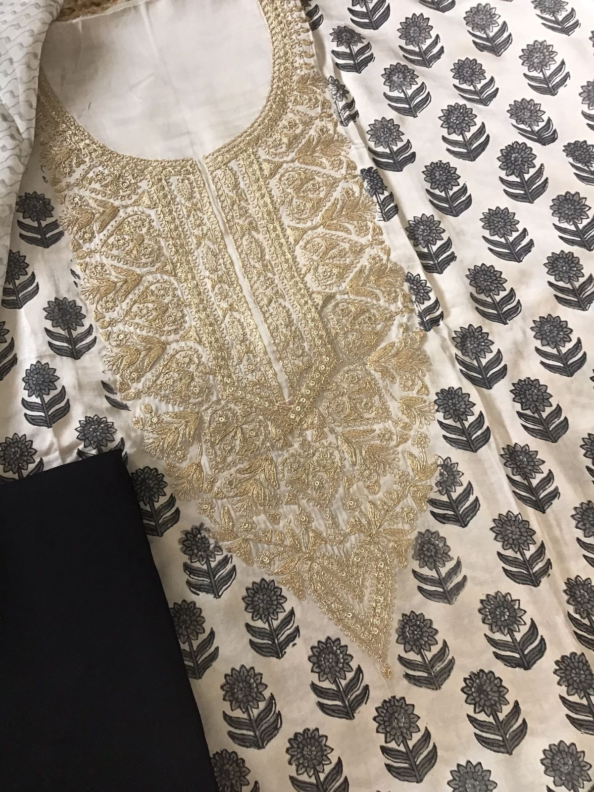 Pure Gajji Silk Block Printed Embroidered Suit - Beige