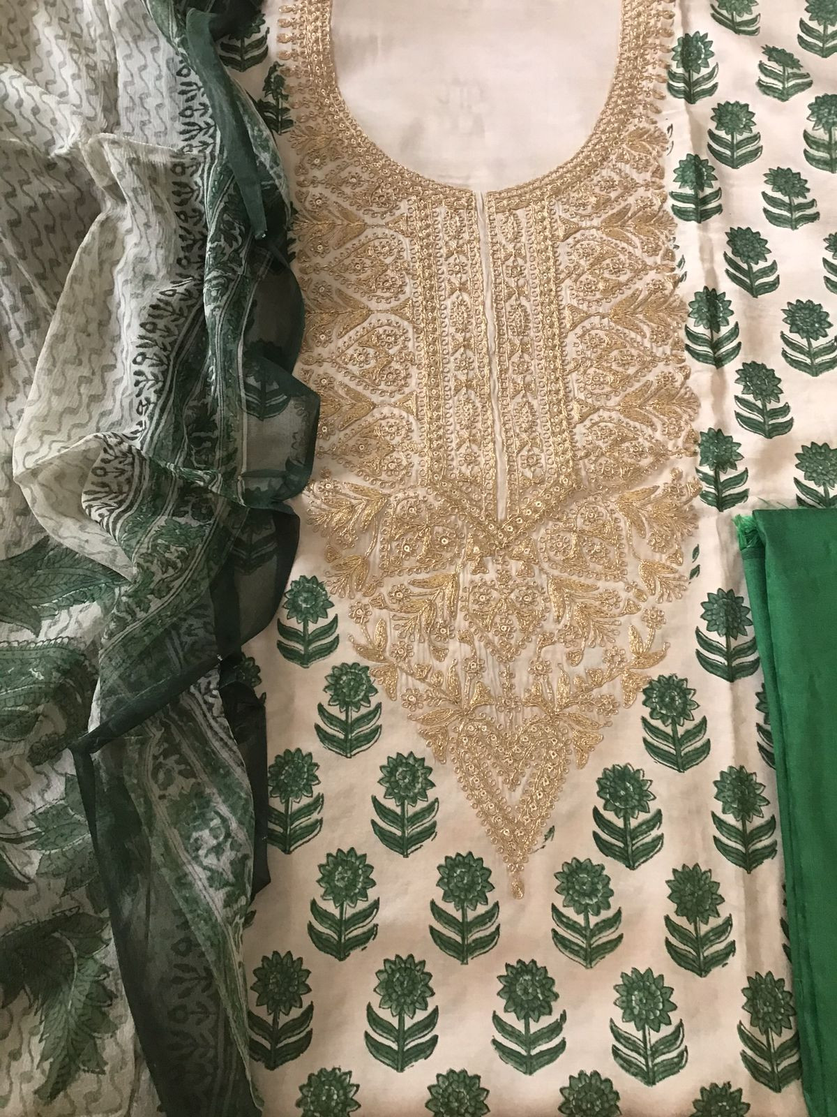 Pure Gajji Silk Block Printed Embroidered Suit - Beige