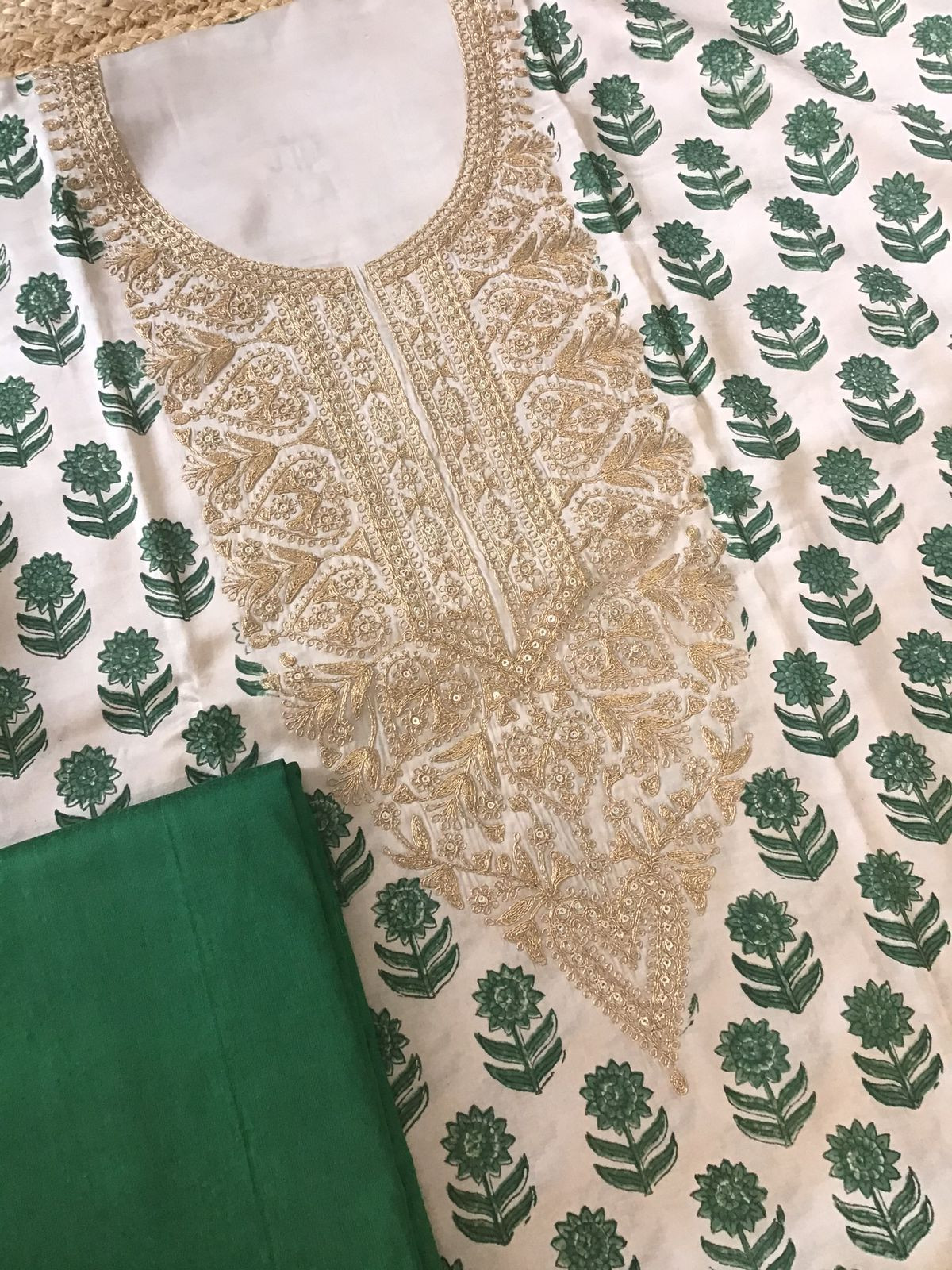 Pure Gajji Silk Block Printed Embroidered Suit - Beige