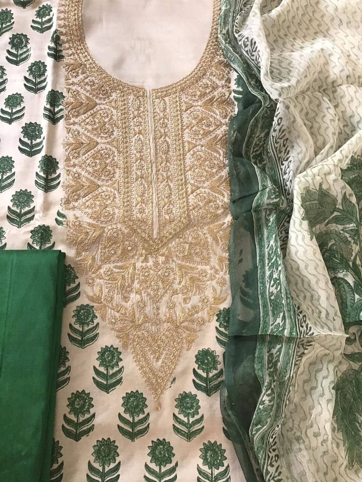 Pure Gajji Silk Block Printed Embroidered Suit - Beige