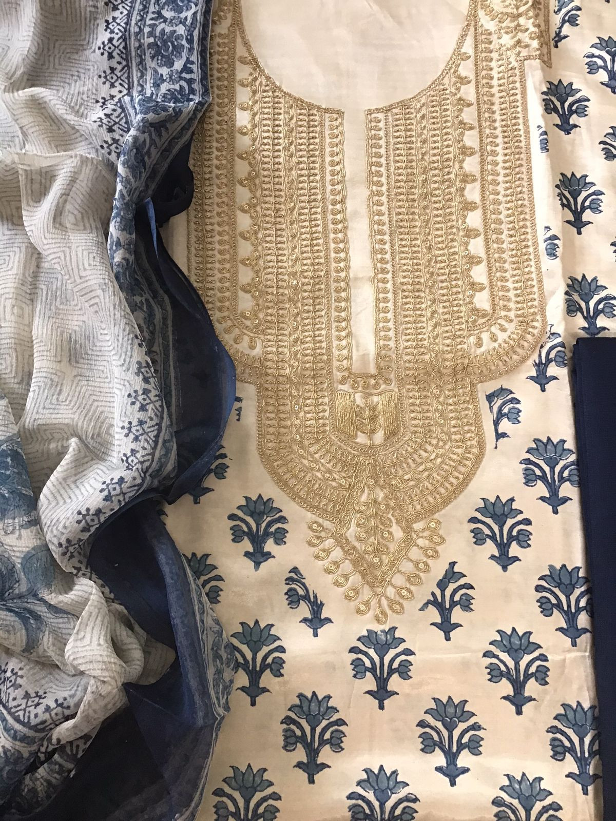 Pure Gajji Silk Block Printed Embroidered Suit - Beige