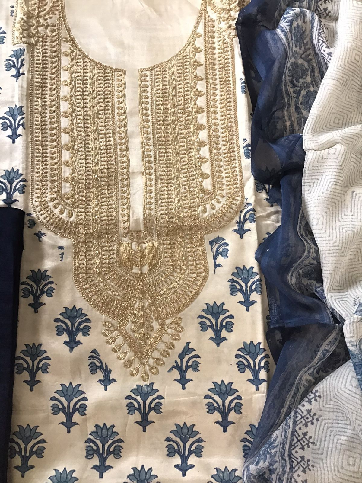 Pure Gajji Silk Block Printed Embroidered Suit - Beige