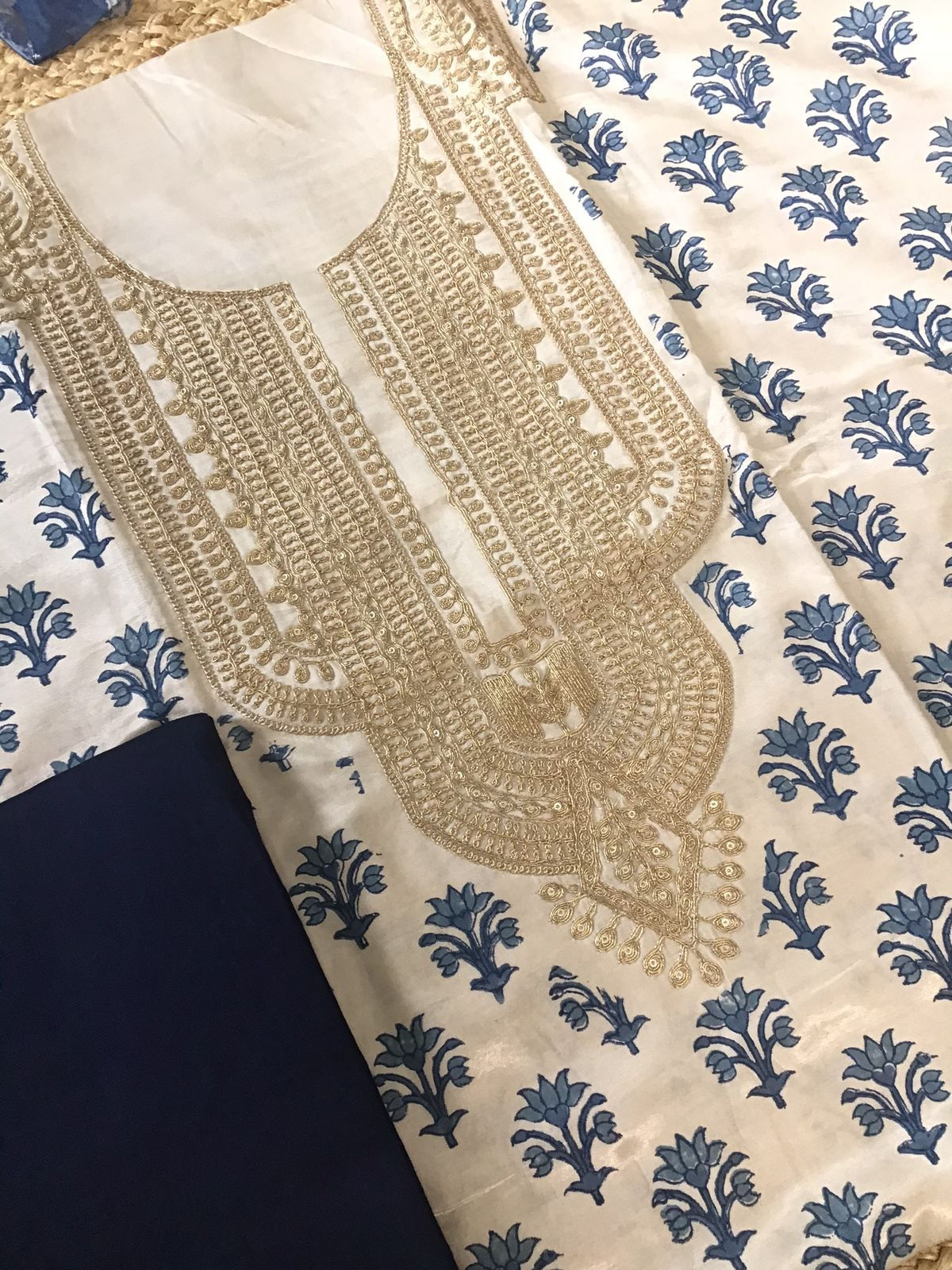 Pure Gajji Silk Block Printed Embroidered Suit - Beige