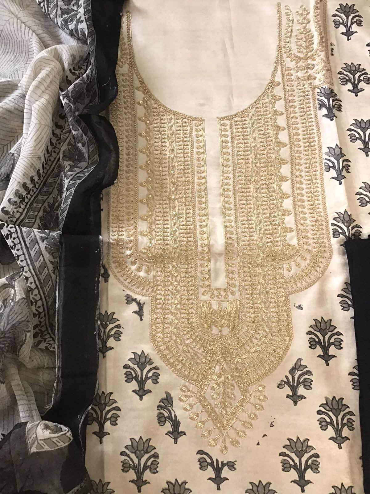Pure Gajji Silk Block Printed Embroidered Suit - Beige