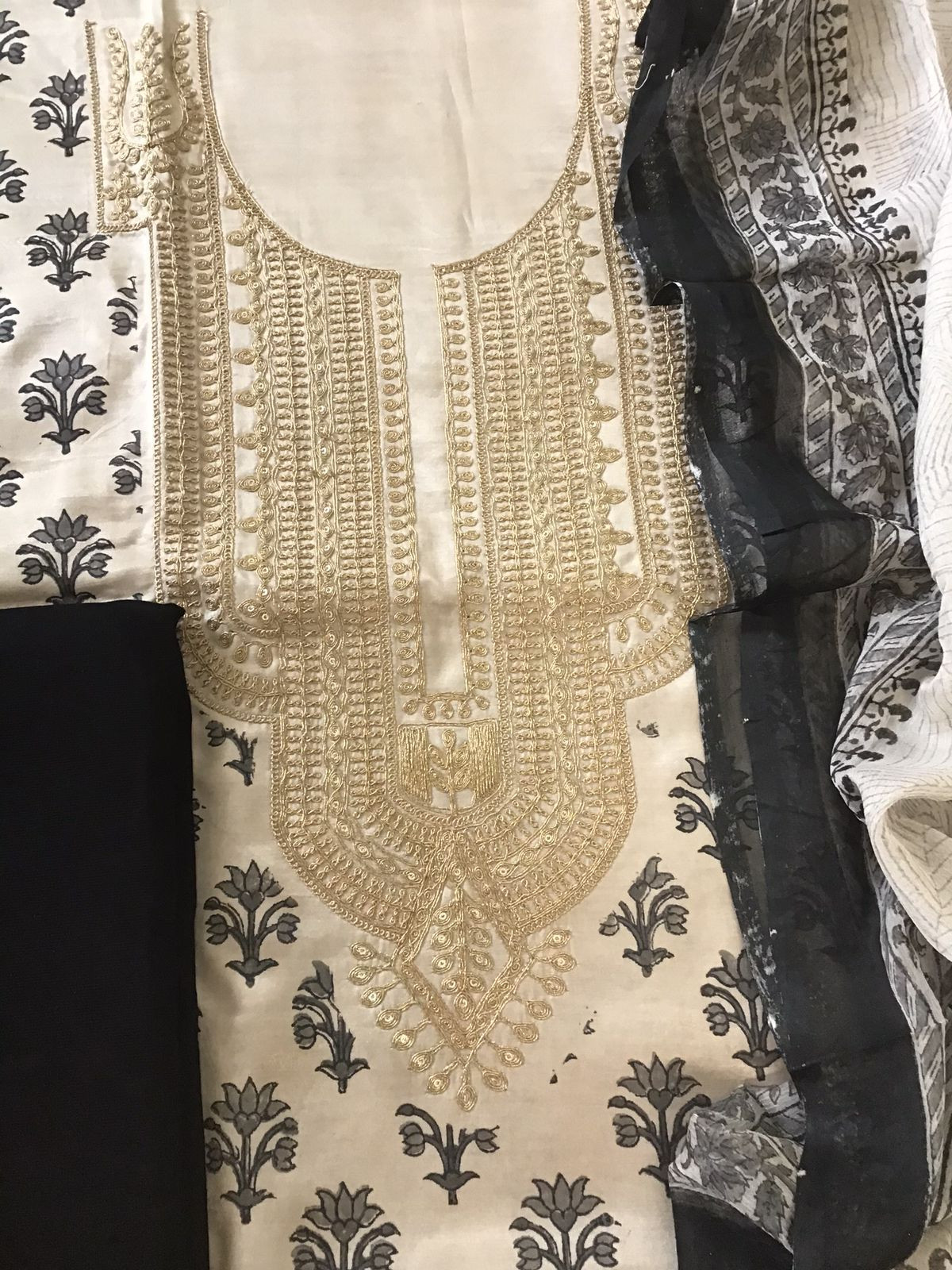 Pure Gajji Silk Block Printed Embroidered Suit - Beige