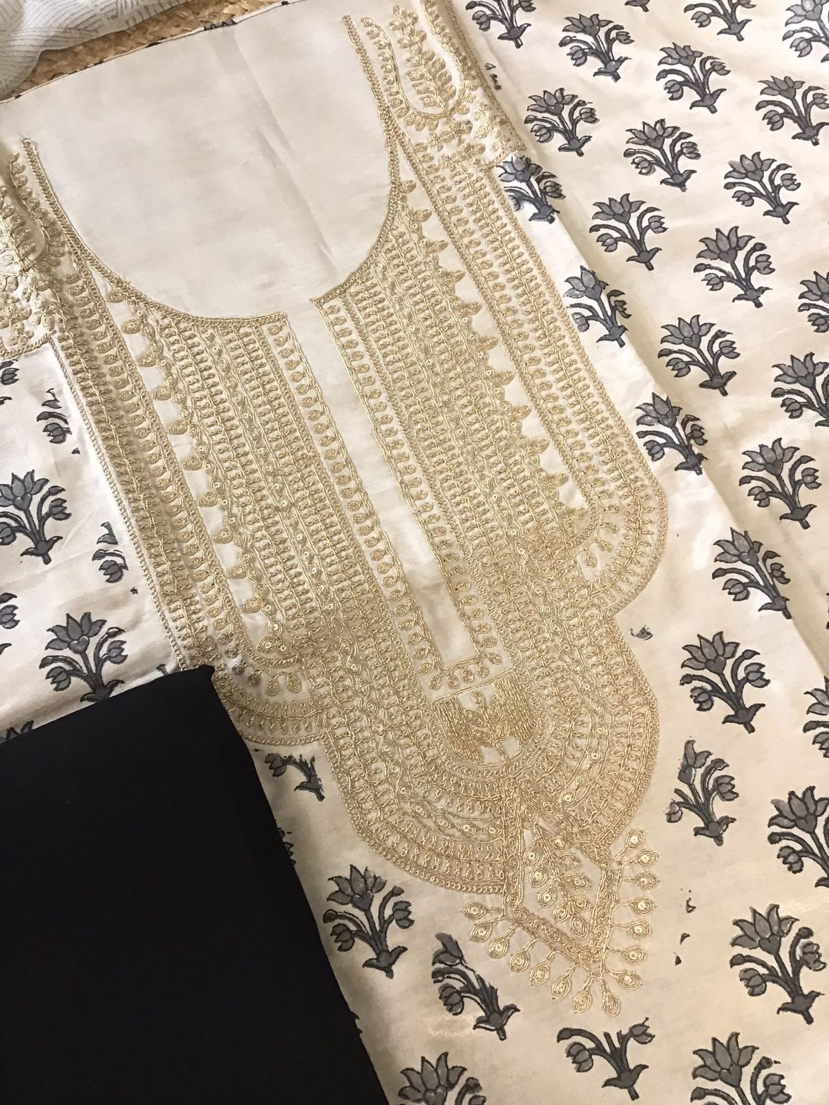 Pure Gajji Silk Block Printed Embroidered Suit - Beige