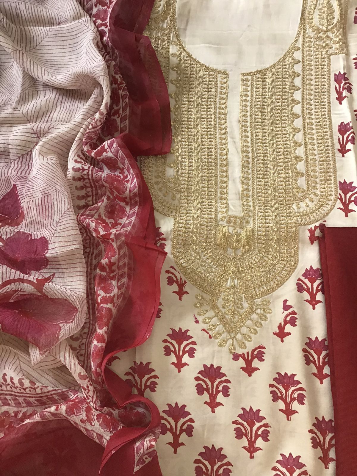 Pure Gajji Silk Block Printed Embroidered Suit - Beige