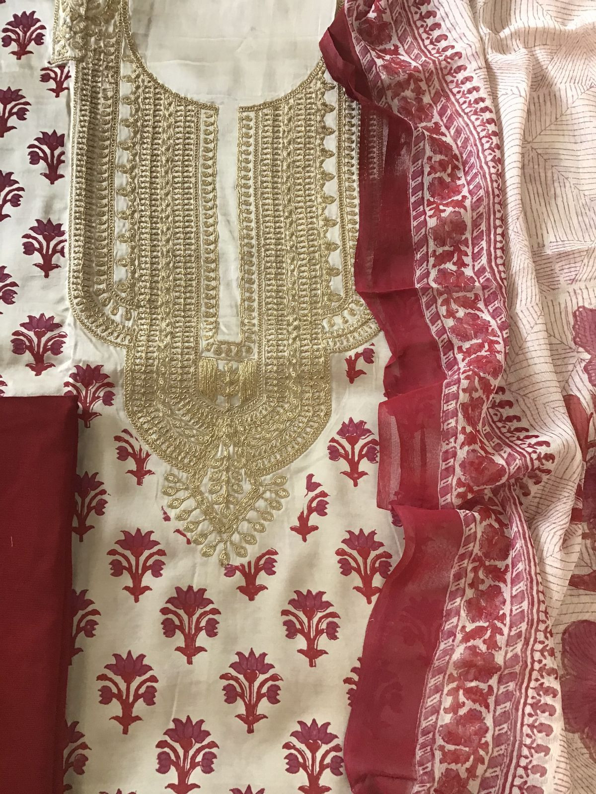 Pure Gajji Silk Block Printed Embroidered Suit - Beige