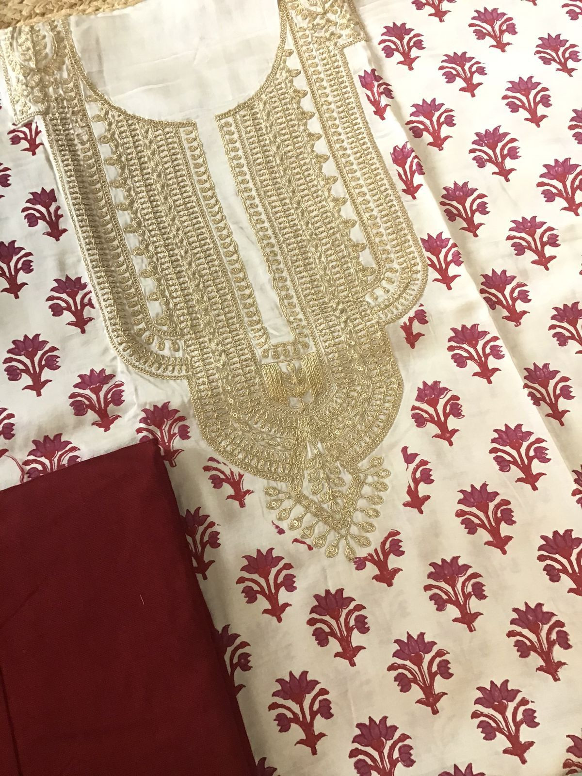 Pure Gajji Silk Block Printed Embroidered Suit - Beige