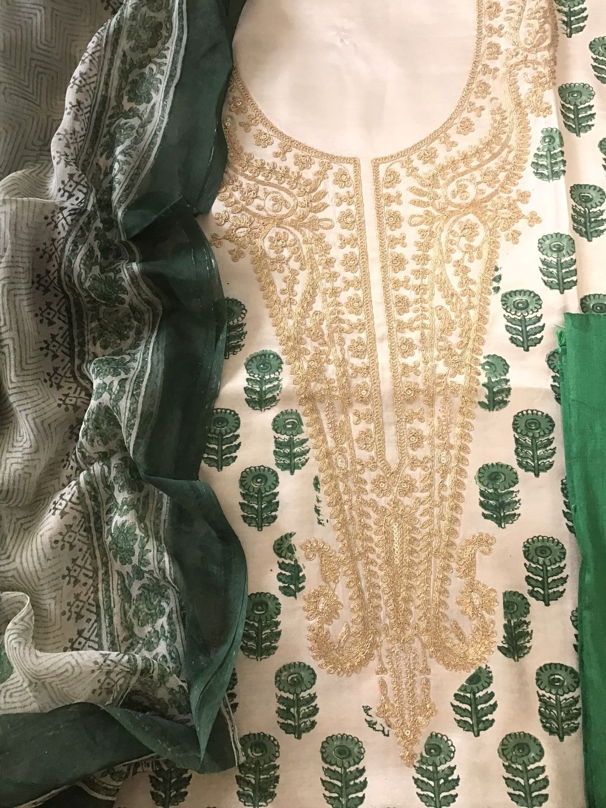 Pure Gajji Silk Block Printed Embroidered Suit - Beige