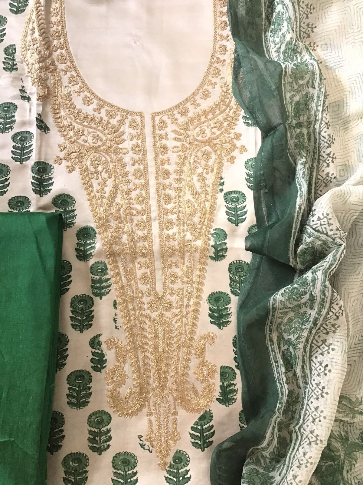 Pure Gajji Silk Block Printed Embroidered Suit - Beige