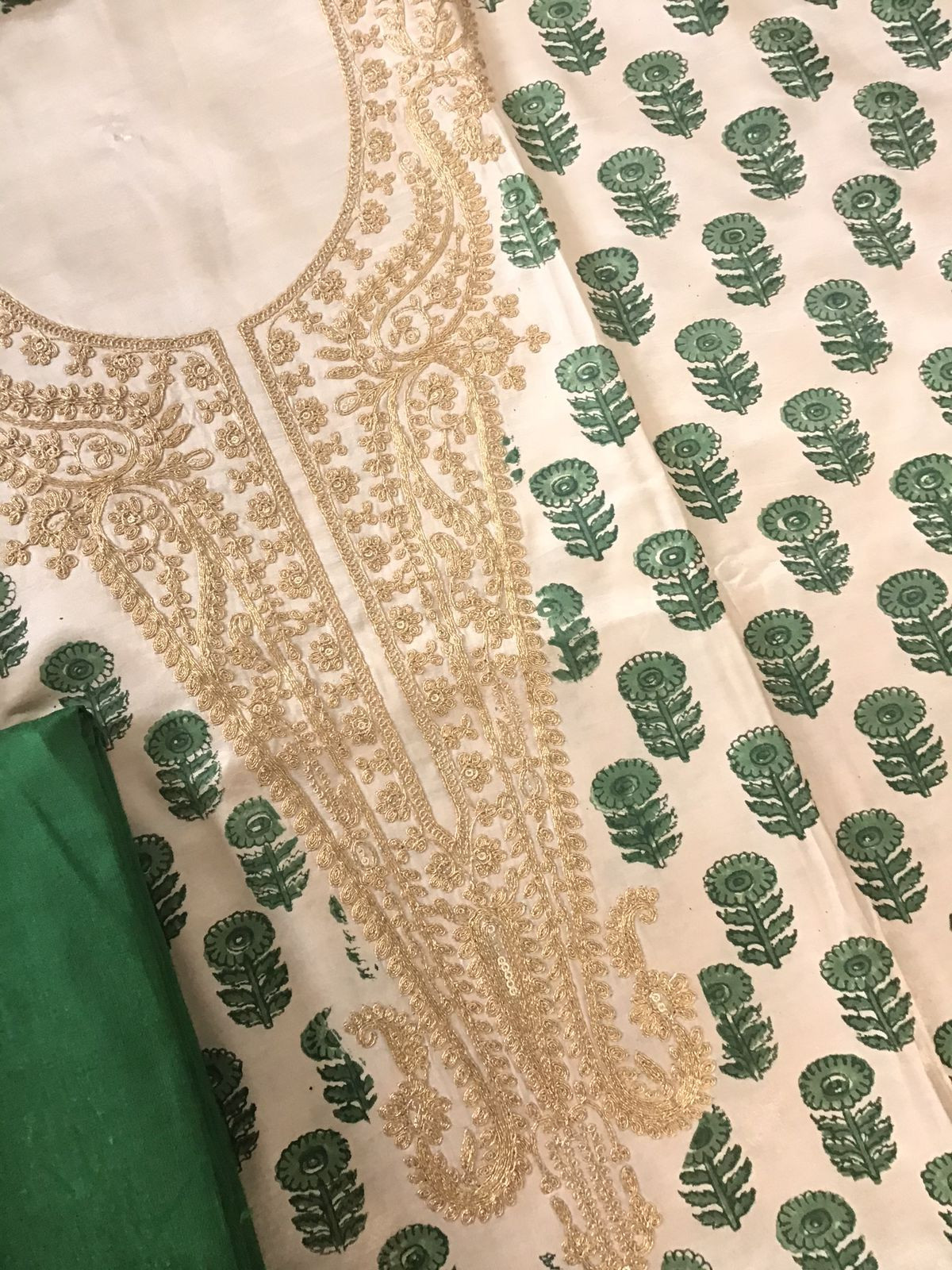 Pure Gajji Silk Block Printed Embroidered Suit - Beige