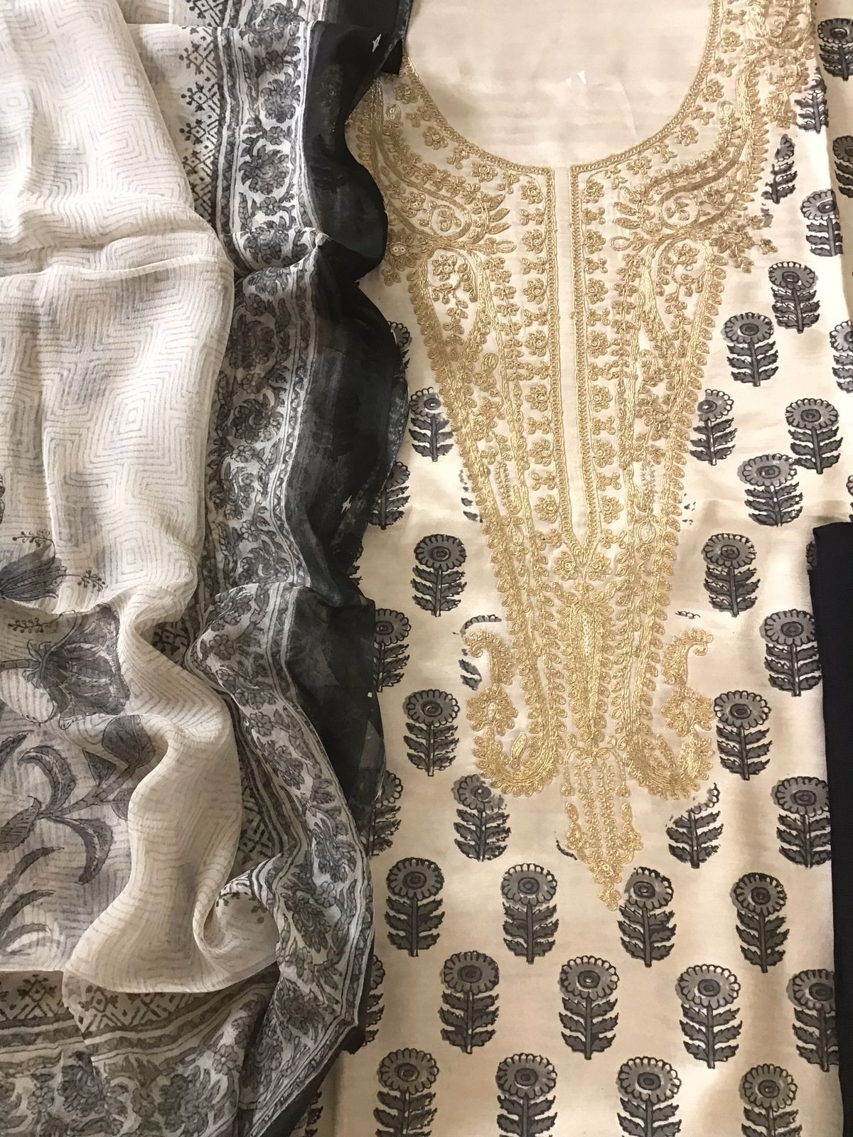 Pure Gajji Silk Block Printed Embroidered Suit - Beige