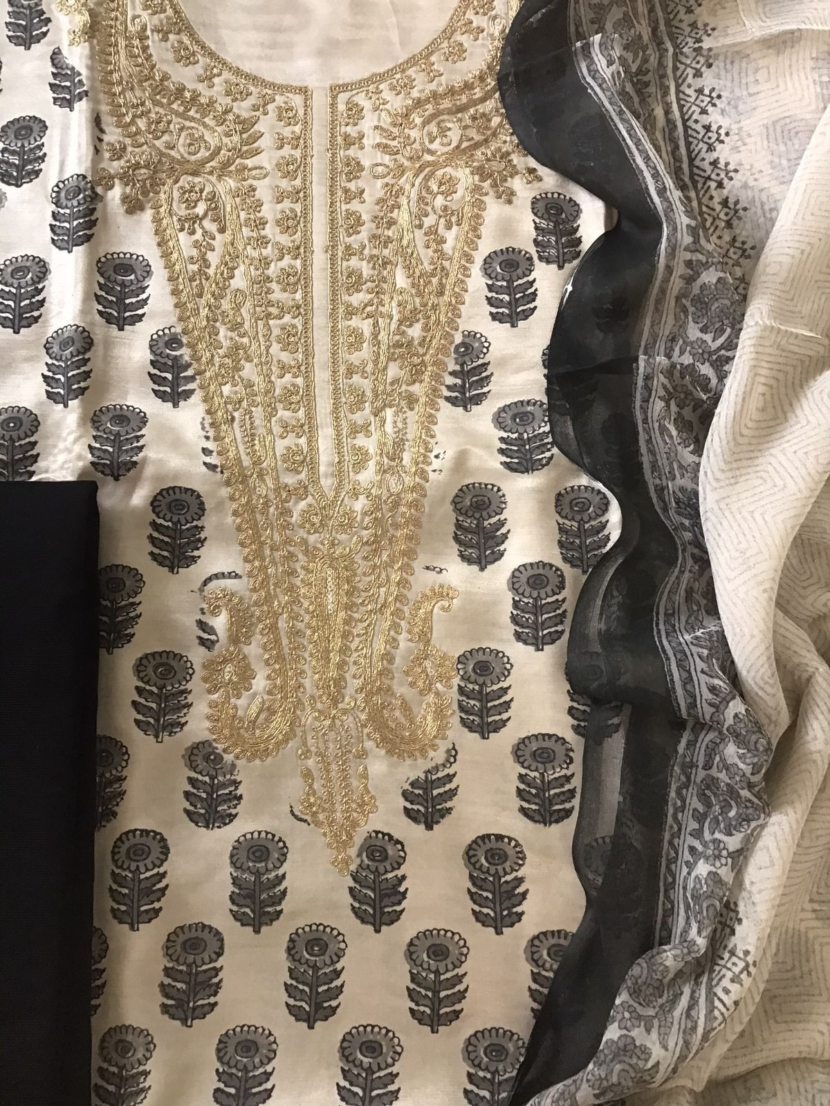 Pure Gajji Silk Block Printed Embroidered Suit - Beige