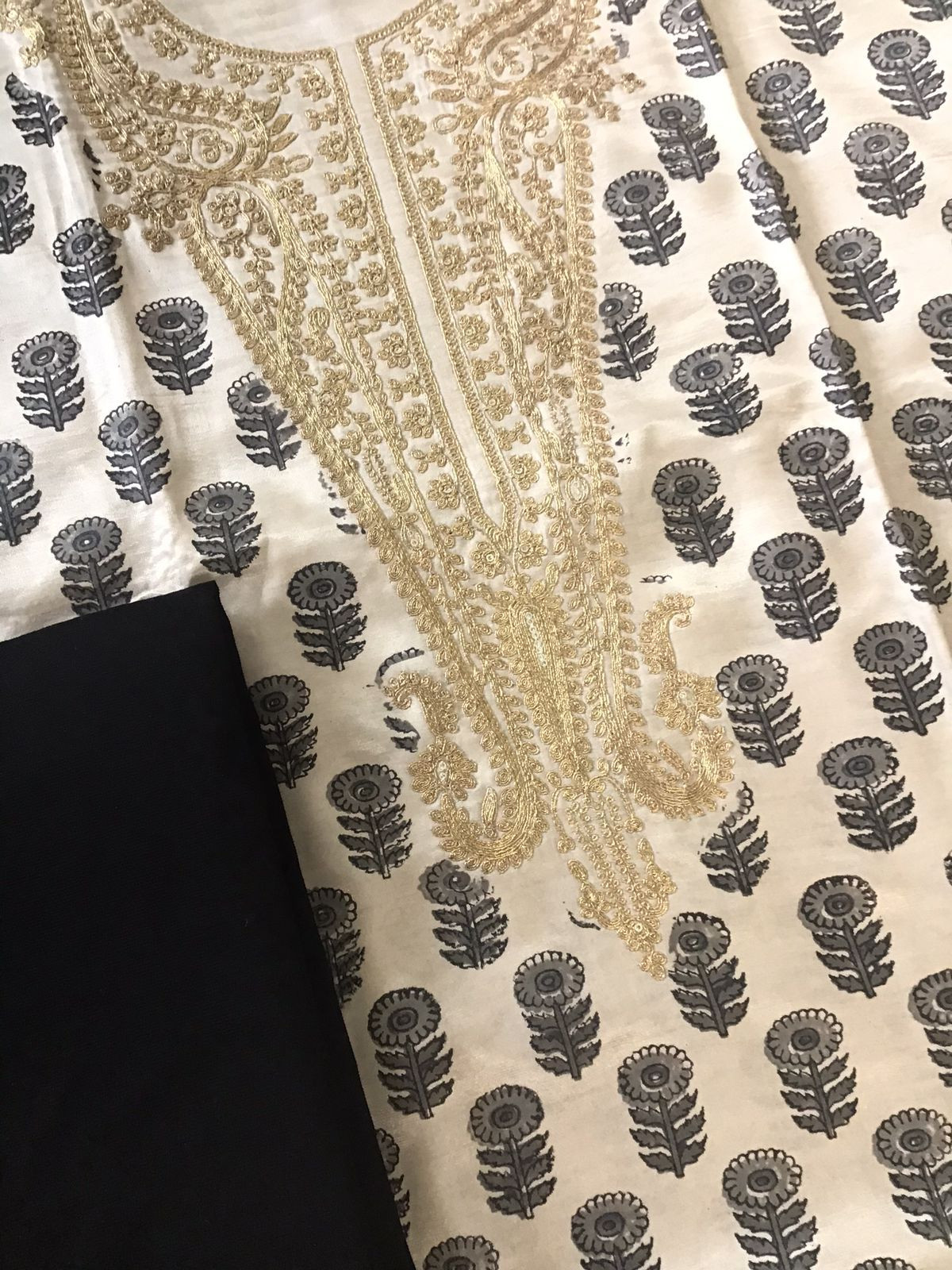 Pure Gajji Silk Block Printed Embroidered Suit - Beige