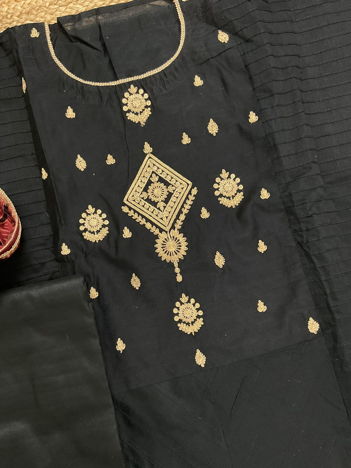 Pure Cotton Silk Printed Embroidered Suit - Black