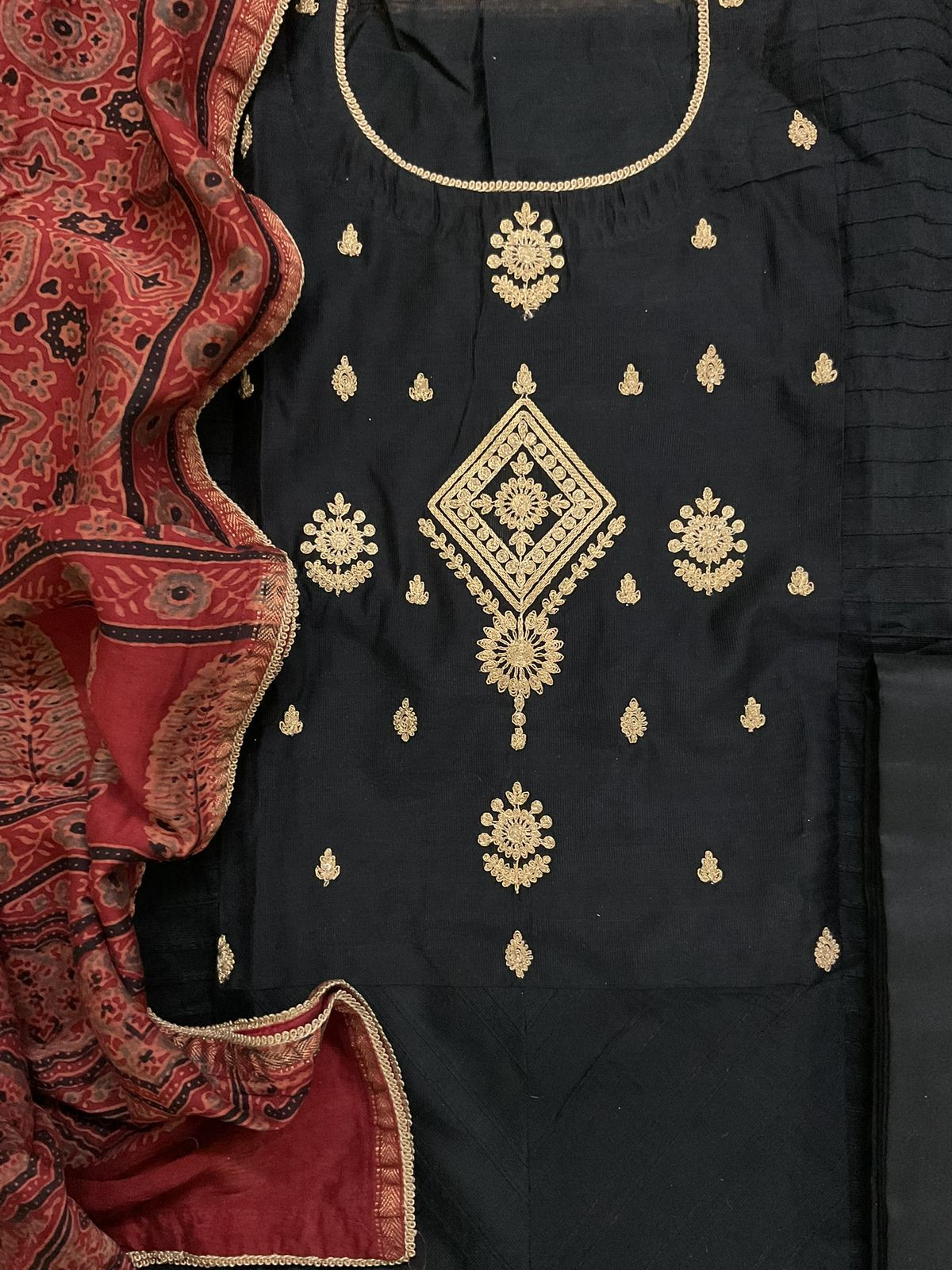 Pure Cotton Silk Printed Embroidered Suit - Black