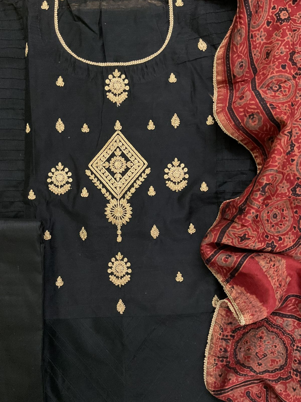 Pure Cotton Silk Printed Embroidered Suit - Black