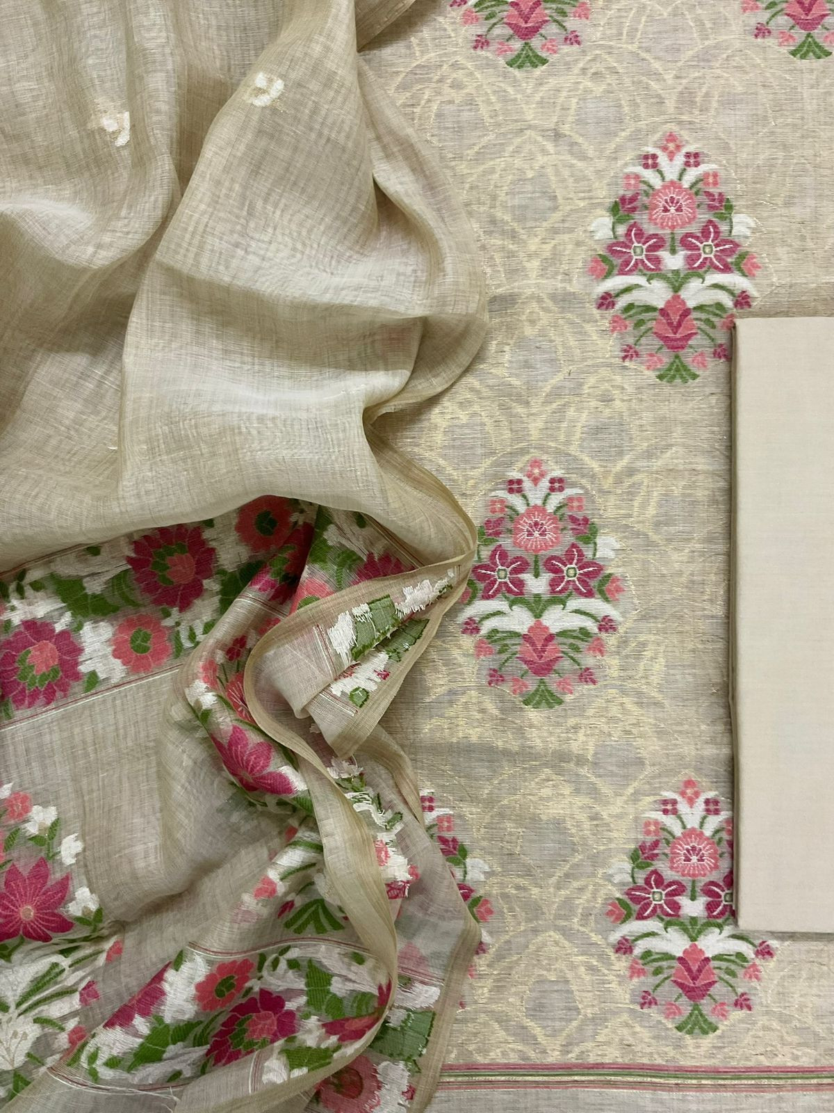 Soft Fine Slub Chanderi Jamdani Weaved Suit - Beige