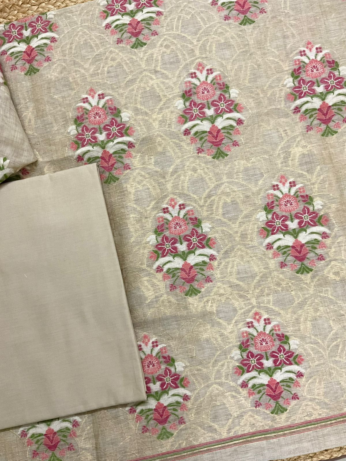 Soft Fine Slub Chanderi Jamdani Weaved Suit - Beige