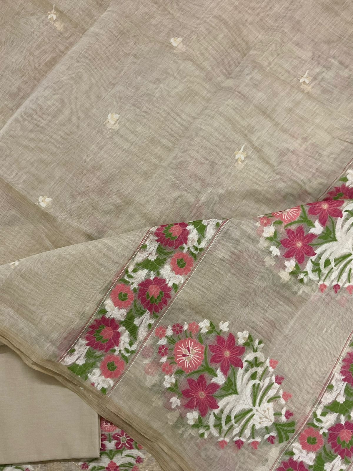 Soft Fine Slub Chanderi Jamdani Weaved Suit - Beige