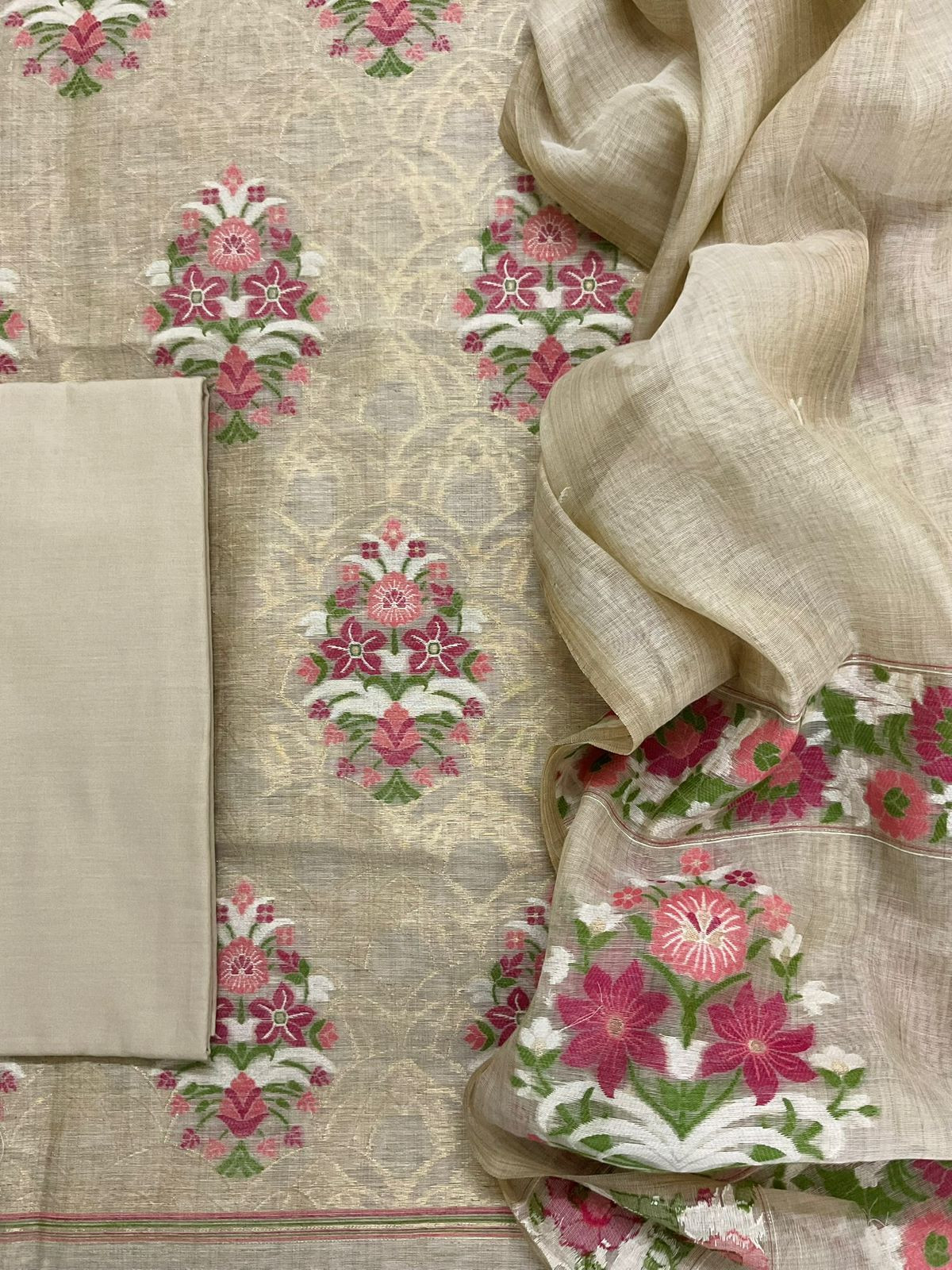 Soft Fine Slub Chanderi Jamdani Weaved Suit - Beige