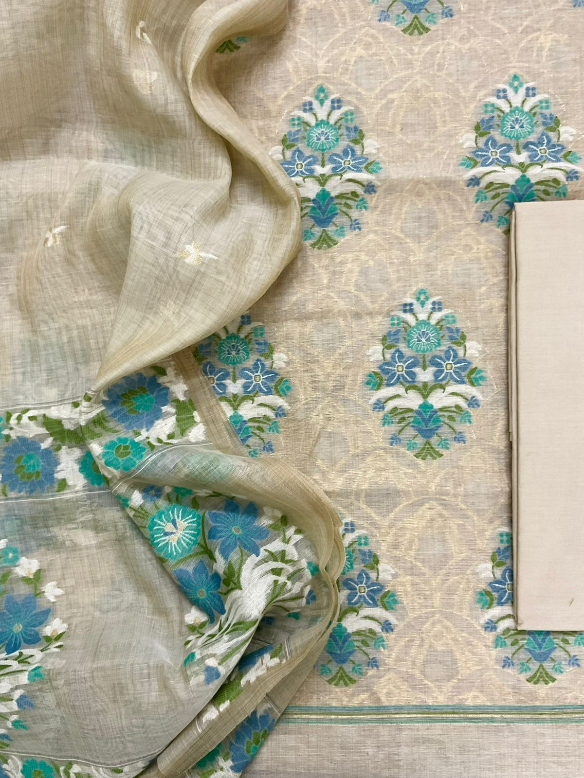 Soft Fine Slub Chanderi Jamdani Weaved Suit - Beige