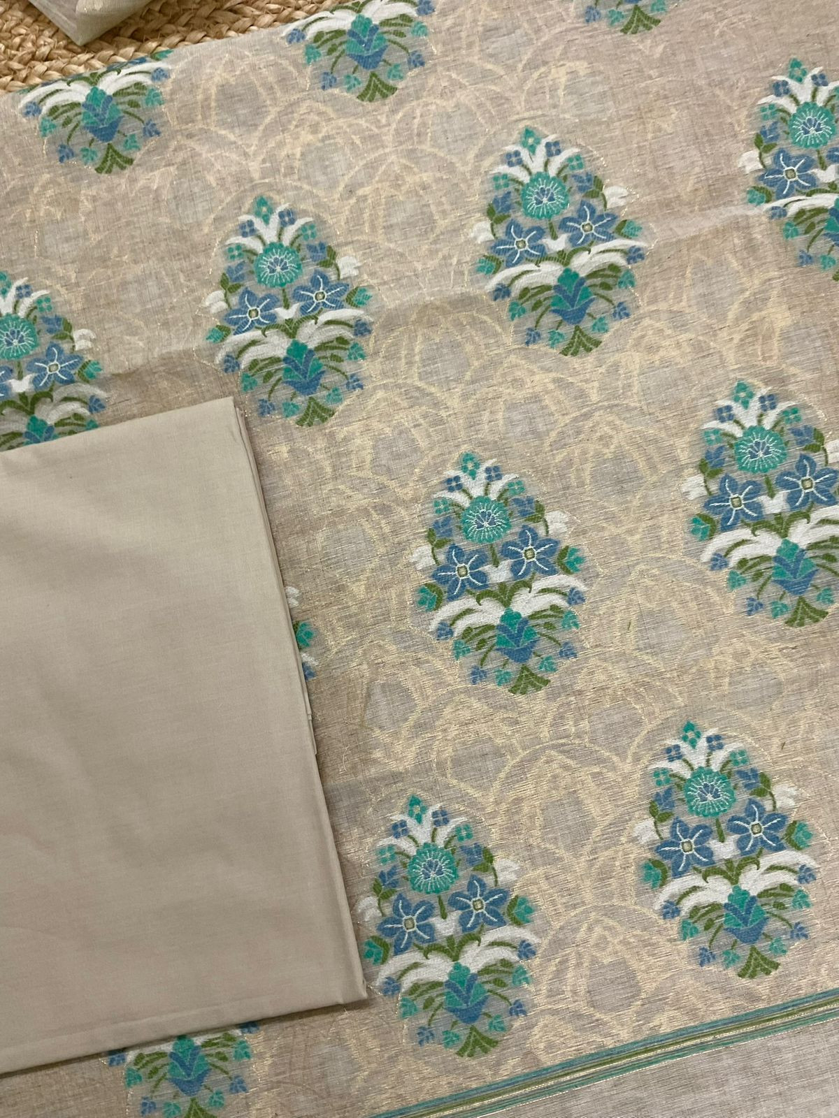 Soft Fine Slub Chanderi Jamdani Weaved Suit - Beige