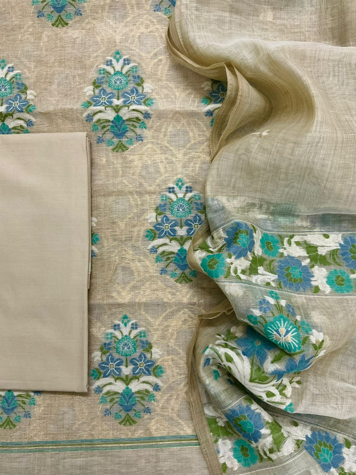 Soft Fine Slub Chanderi Jamdani Weaved Suit - Beige