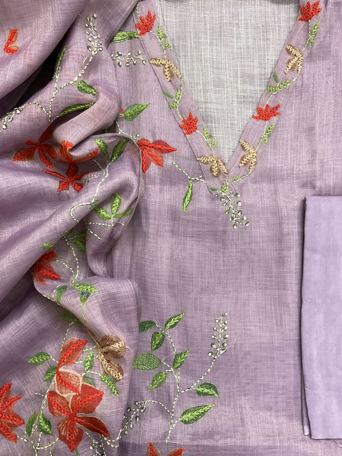 Soft Tissue Slub Cotton Printed Embroidered Suit - Lavender