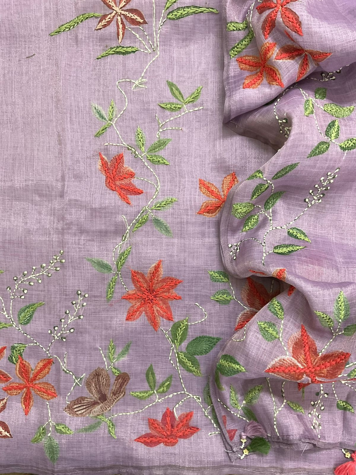 Soft Tissue Slub Cotton Printed Embroidered Suit - Lavender