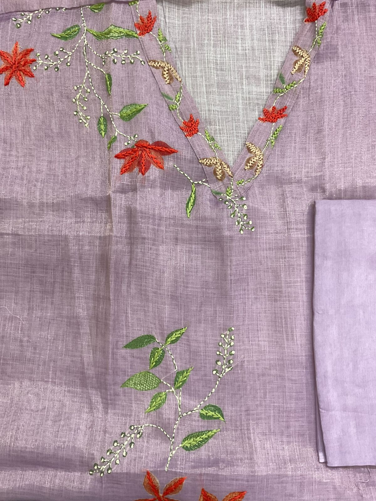 Soft Tissue Slub Cotton Printed Embroidered Suit - Lavender