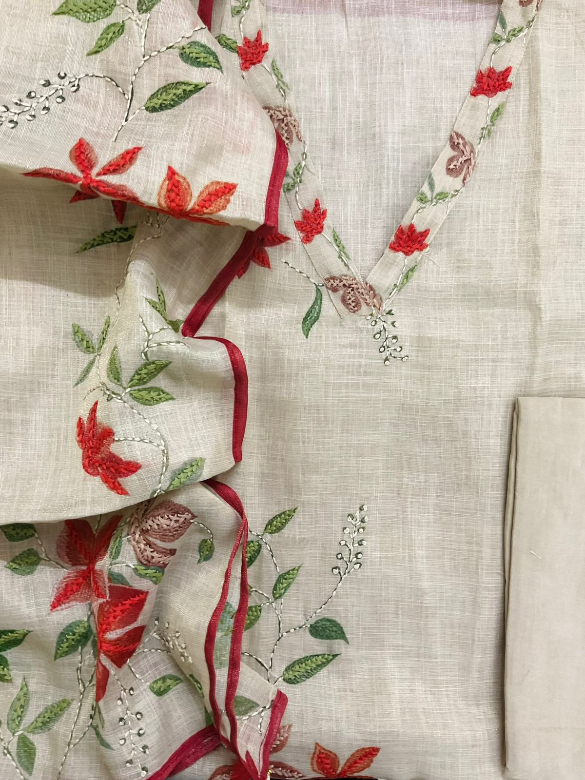 Soft Tissue Slub Cotton Printed Embroidered Suit - Beige