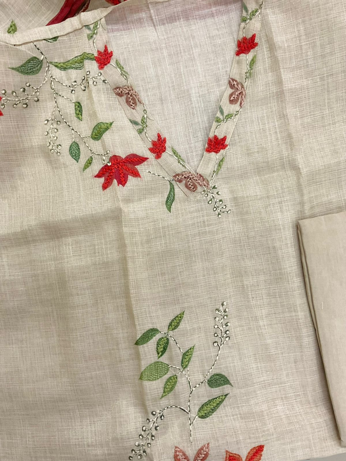 Soft Tissue Slub Cotton Printed Embroidered Suit - Beige